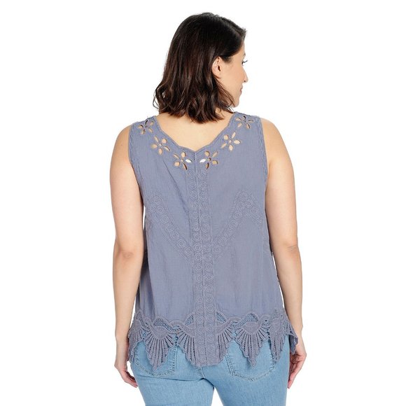 Indigo Thread Woven & Lace Embroidered Eyelet Cut-out Tank Top M Slate - Picture 2 of 2